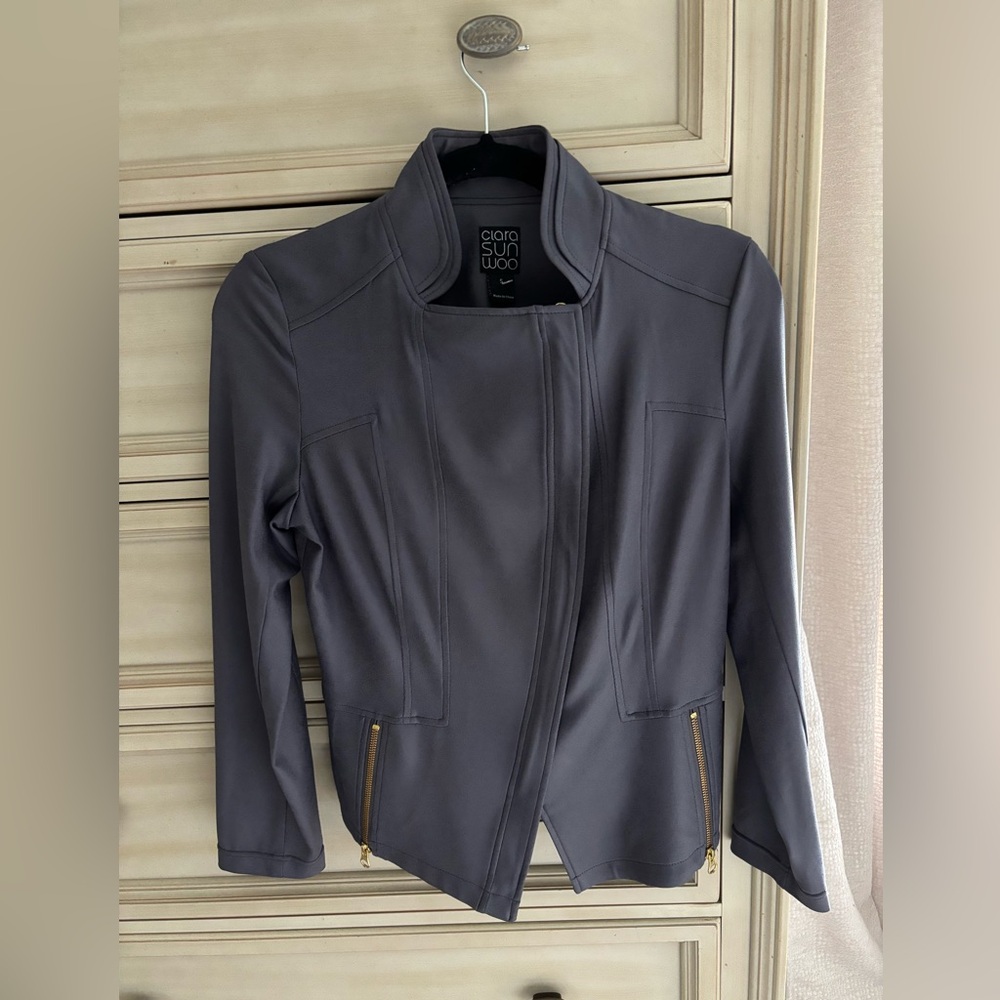 Clara Sun Woo Liquid Leather Faux Jacket Blue/Grey Size Small